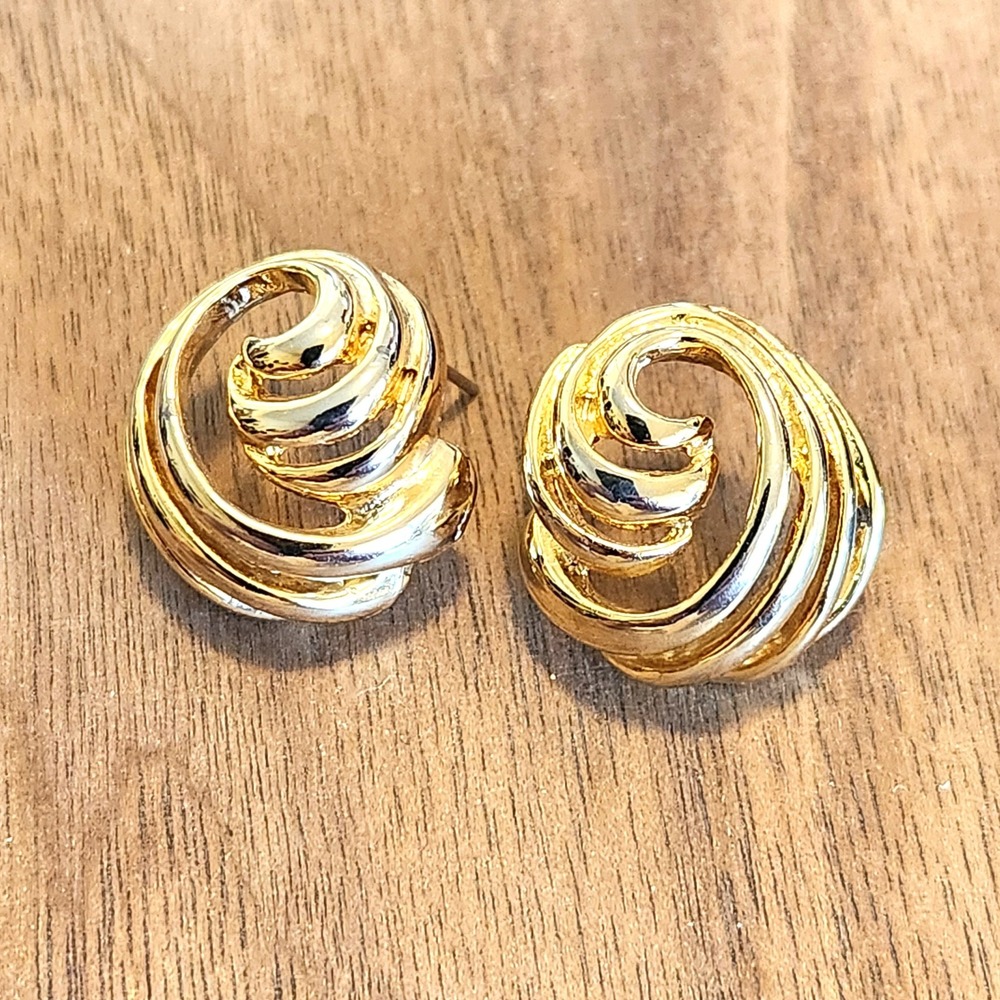 Gold Tone Swirl Knot Stud Earrings Textured Spiral High Polish Post Earrings